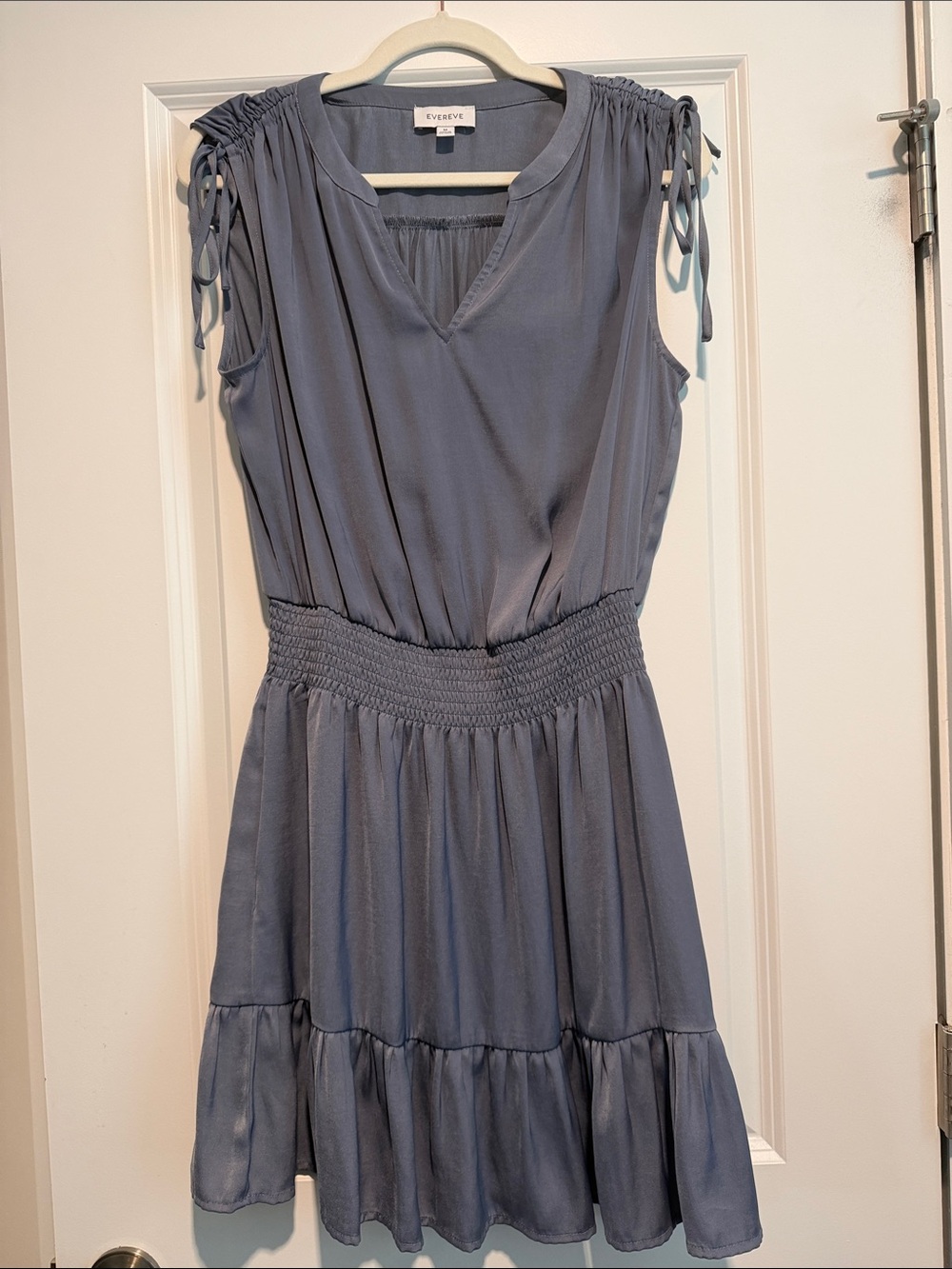 Evereve Slate Blue Smocked Waist Mini Dress with Tie Shoulders